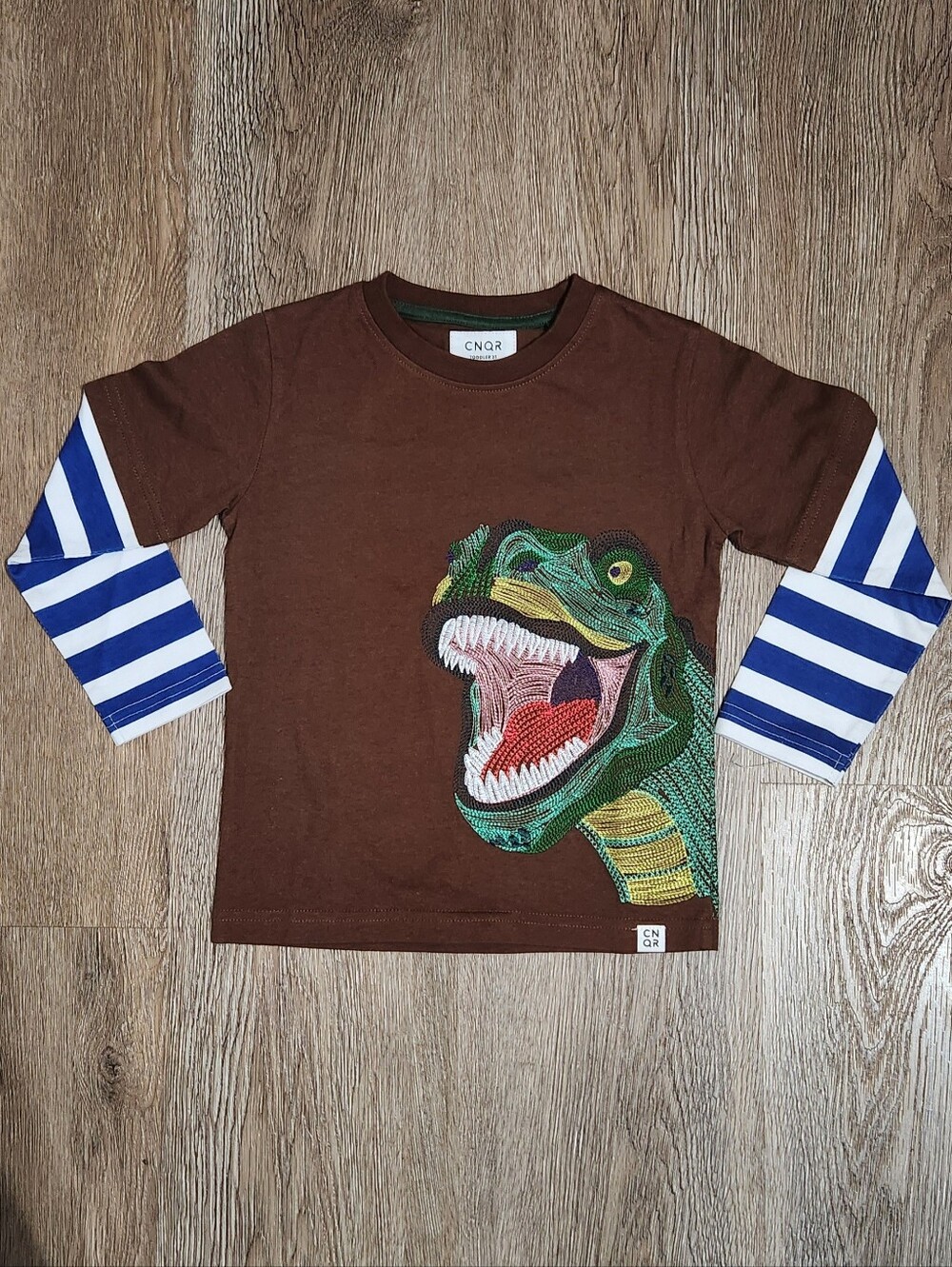 Kids Brown Long-Sleeve Dino Applique Layered 100% Cotton T-Shirt - Toddler 3T